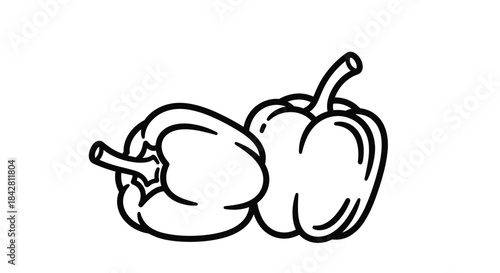 Two bell peppers rest together in a clean line drawing that highlights their rounded forms and the stark monochrome style of a simple still life illustration.