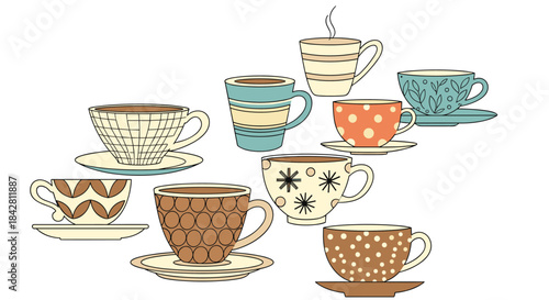 Colorful assortment of teacups and mugs arranged in a whimsical pattern showcasing varied textures and decorative handles inviting a cozy tea moment.
