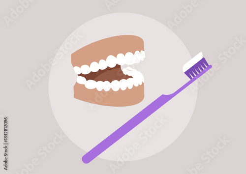 A creative depiction of a dental model alongside a toothbrush highlights the importance of oral hygiene, This artwork emphasizes good habits for healthier teeth