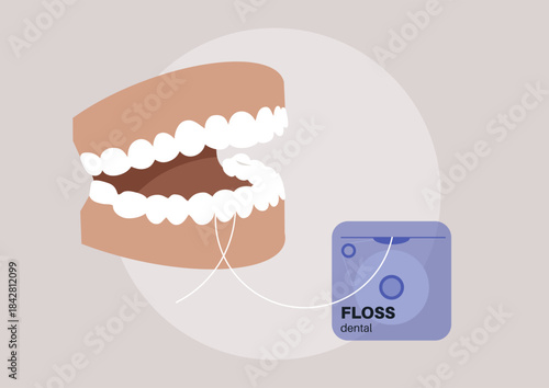 Showing a model of an open mouth with gleaming teeth and dental floss being used, this scene emphasizes the essential routine of maintaining proper jaw hygiene as advised by dentists