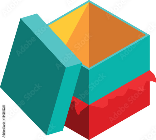 A blue box with a red top is open