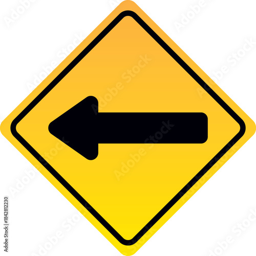 Yellow diamond warning sign with a black arrow pointing left indicating direction or caution for traffic and navigation isolated on white background