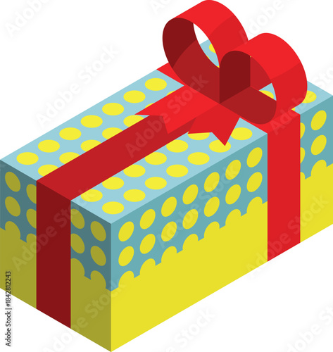 A yellow and blue box with a red ribbon on top