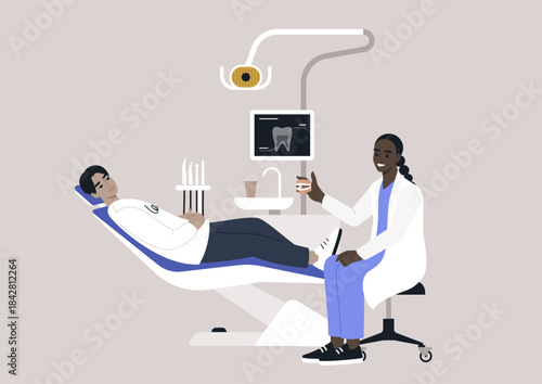A patient relaxes in a dental chair at a contemporary clinic, while a dentist engages with them showing a dental teaching model, creating a friendly atmosphere for dental care and treatment procedures