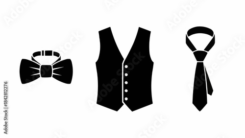 Set of formal wear icons including a bow tie vest and necktie.