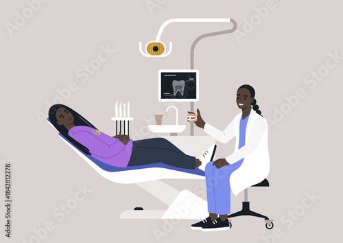 A patient relaxes in a dental chair at a contemporary clinic, while a dentist engages with them showing a dental teaching model, creating a friendly atmosphere for dental care and treatment procedures