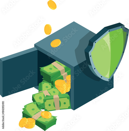 A safe with a lot of money and coins inside