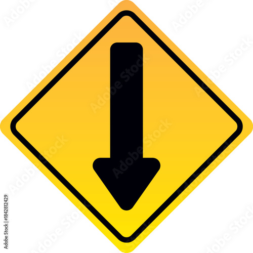 Yellow diamond traffic sign with a black downward arrow indicating direction or caution isolated on a white background