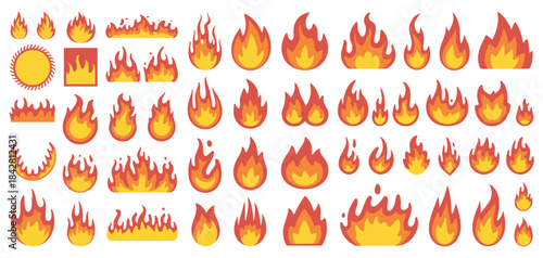 Flaming fire colorful emblem collection, including bright flame illustrations, fiery symbols, fire badges, and stylized designs,