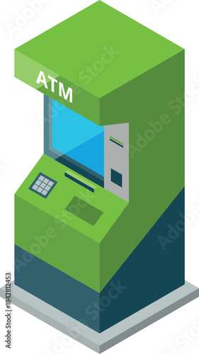 A green ATM machine with a blue screen that says atm