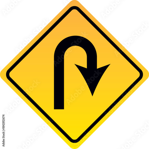 Yellow diamond u-turn traffic sign warning symbol for road safety and navigation isolated on white background