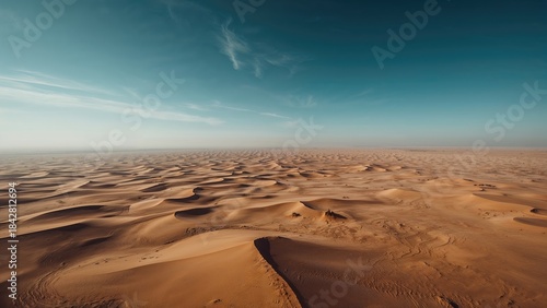 Fototapeta Naklejka Na Ścianę i Meble -  Desert landscape with sand dunes and a clear sky. Natural environment and arid terrain. The vastness of desert plains.