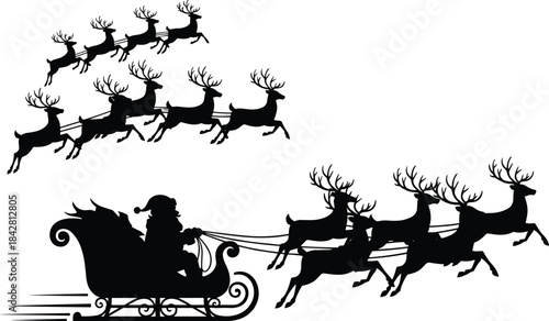 The image presents a silhouette of Santa Claus in his sleigh, pulled by eight reindeer. The entire scene is rendered in black against a light gray background.