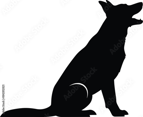 Black silhouette vector illustration of a German Shepherd or similar domestic dog breed sitting in profile, barking or howling, isolated on a white 