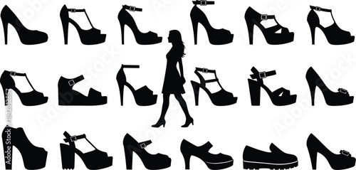Black Silhouette Vector Illustration of Fashionable Women's High Heel Shoes, Sandals, and Platforms with a Stylized Lady Walking in the Center, Ideal for Catalog and Design Projects