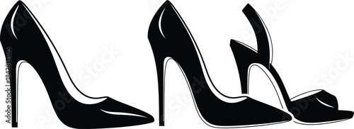 Classic and Modern Black High Heel Women's Shoes Vector Silhouette Set, Elegant Stiletto Pumps and Strappy Sandals, Fashion Footwear Icon Illustration for Design