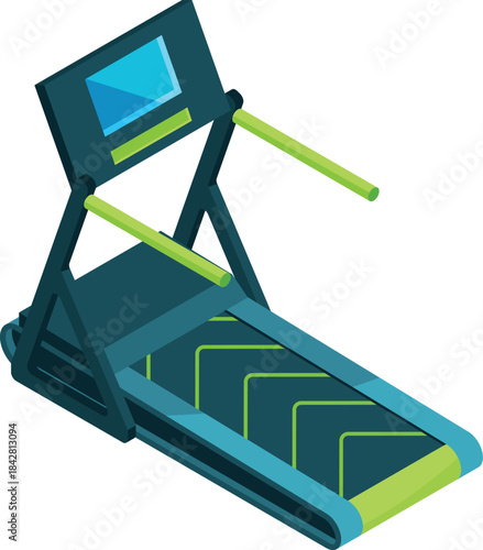 A blue and green treadmill with a screen on the front