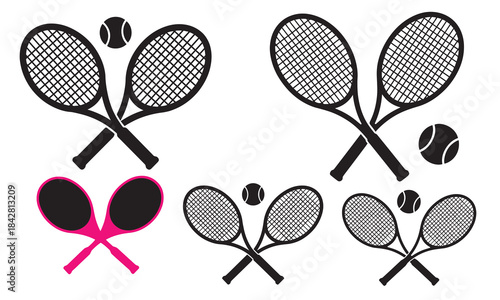 Set of tennis rackets and balls in various styles and sizes