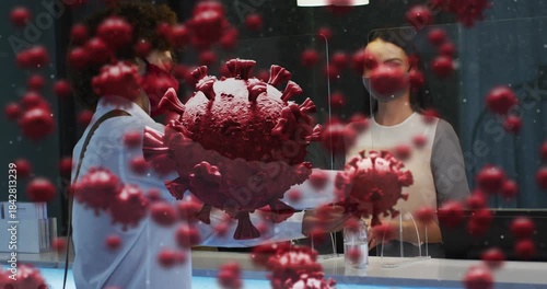 Customer reaching handing payment via shop shield, staff receiving, red virus drifting across front