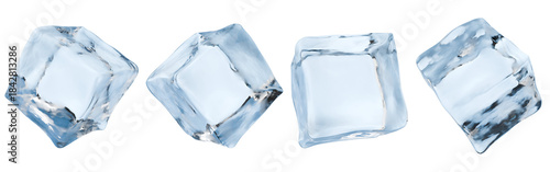 Tableau sur toile Four realistic 3D ice cubes on a white background, floating and transparent