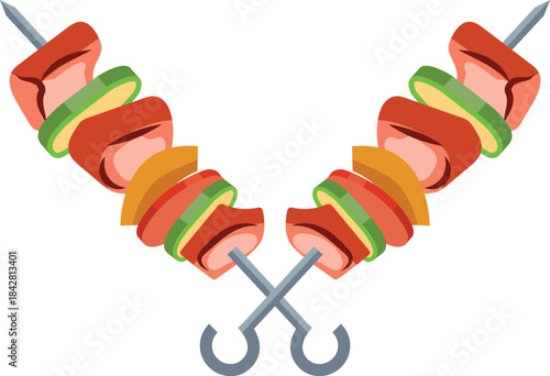 Two skewers of meat and vegetables are shown with a metal skewer in the middle