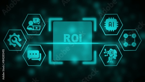 Teal R O I infographic with representing business and technology concepts