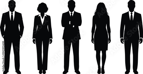 Business silhouettes of five professionals standing formal, corporate executives in suits and dresses, leadership team concept, professional unity