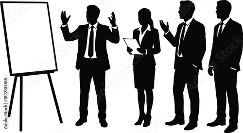 Business team silhouettes discussing presentation at whiteboard, corporate meeting communication scene illustration for training, leadership, planning, professional projects