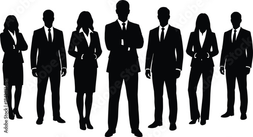 Business team silhouettes standing confidently, professional executives in formal attire, corporate leadership unity concept, diverse office workforce illustration