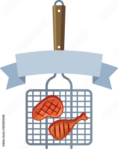 A grill with two pieces of meat on it and a ribbon behind it