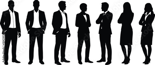 Business team silhouettes standing together in formal attire, corporate professionals, leadership concept, unity, teamwork illustration for office presentation