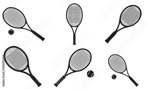 Set of six tennis rackets and balls in different orientations