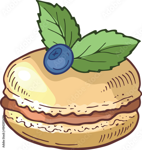 A blueberry muffin with a leaf on top