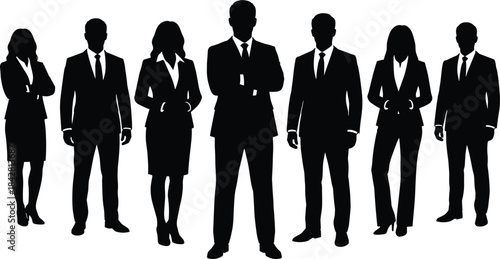 Business team silhouettes standing together, professional executives posing confidently, corporate leadership concept, teamwork unity illustration, office collaboration