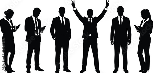 Business team silhouettes using smartphones, professional executives standing together, corporate success concept, teamwork unity illustration
