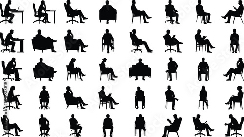 Collection of silhouette people sitting in various chairs, office seating positions, relaxed poses, reading, working, waiting, resting, and thoughtful postures