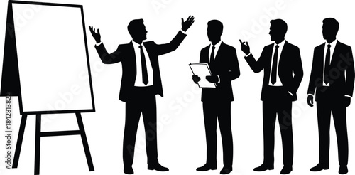 Businessmen silhouettes discussing presentation at whiteboard, corporate meeting communication scene illustration for training, leadership, strategy planning, teamwork projects