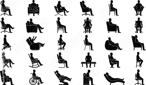 Collection of silhouette people sitting in different chairs, relaxed poses, office seating, lounge positions, wheelchair user, and casual resting scenes