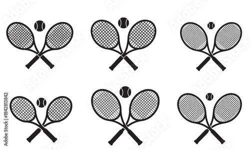 Set of six black and white tennis racket and ball icons for sports design