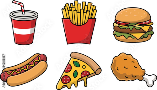 Fast food, burger, fries, pizza, hot dog, soda, fried chicken, cartoon, vector, snack, meal, junk food, tasty, colorful, icon, illustration, menu, combo, American food, street food