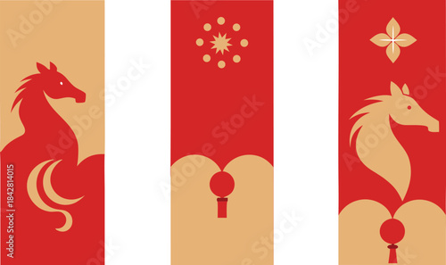 Rooster standing on a roof and fence in a festive vector holiday design