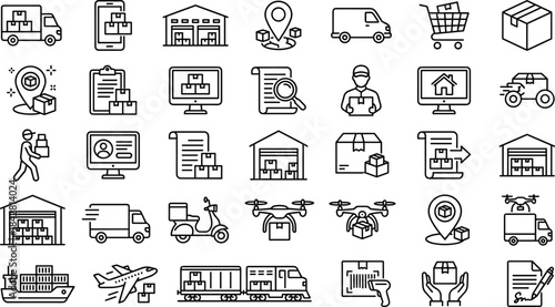 Comprehensive delivery and logistics icons showing packages, warehouses, trucks, drones, tracking, shipping methods, couriers, transportation, and modern supply chain operations