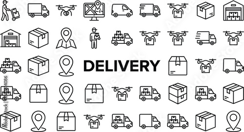 Delivery and logistics icons illustrating packages, trucks, drones, couriers, warehouses, location tracking, shipping services, transportation, and modern distribution systems