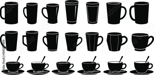 Set of Black Silhouette Coffee Tea Cups Mugs Collection, Isolated Vector Icon Bundle for Hot Beverages, Morning Drinks, Kitchenware, Cafe, Restaurant, or Graphic Design Elements, Blank Template.