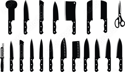 Set of 20 black silhouettes of various kitchen knives, utility tools, cleavers, and cooking scissors for chefs, home cooking, and restaurant supplies vector illustration.