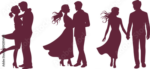 Romantic couple, silhouette, love, embrace, walking, dancing, maroon, vector, icon, relationship, passion, pose, emotional, artwork, illustration, date, affection, together, partner, connection