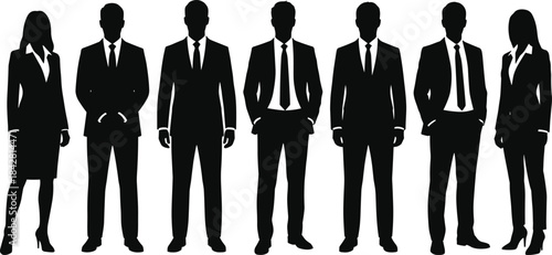 Seven business professionals silhouettes standing confidently, corporate team in formal attire, leadership concept, workplace unity, modern business illustration