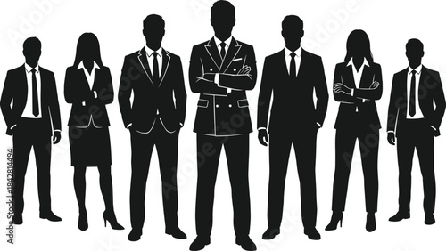 Seven business professionals silhouettes with confident leader in center, corporate team in formal attire, leadership concept, teamwork unity illustration