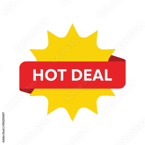 Vibrant Hot Deal Badge Illustration, Promotional Marketing Symbol, Eye-Catching Sale Sign, Engaging Discount Label, Advertising Concept Design, Red Banner with Yellow Star