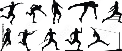 Track and field, athlete, silhouette, sprint, jump, throw, pole vault, javelin, discus, shot put, hurdle, black, vector, icon, sport, motion, action, dynamic, competition, illustration
